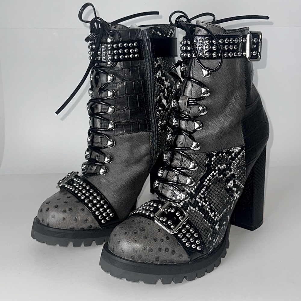 Jeffrey Campbell Women Lilith-2 Grey Exotic Combo Moto Boot 10M